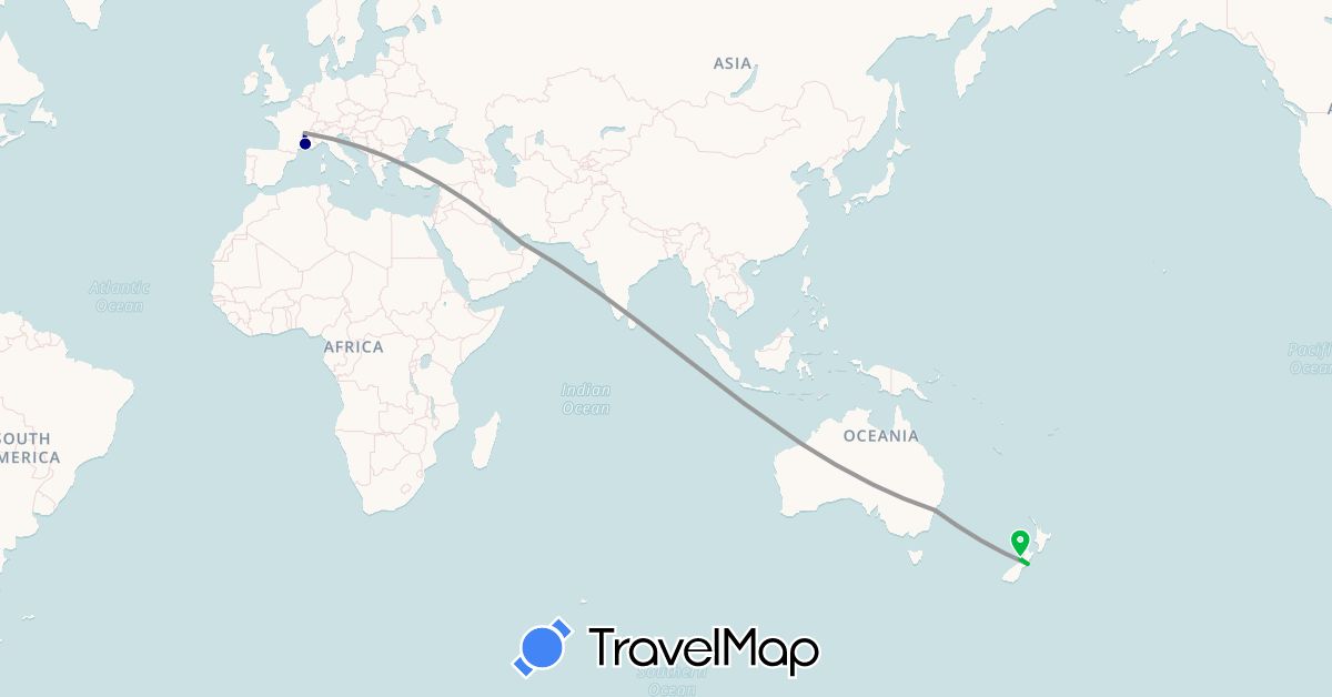 TravelMap itinerary: driving, bus, plane in United Arab Emirates, Australia, France, New Zealand (Asia, Europe, Oceania)